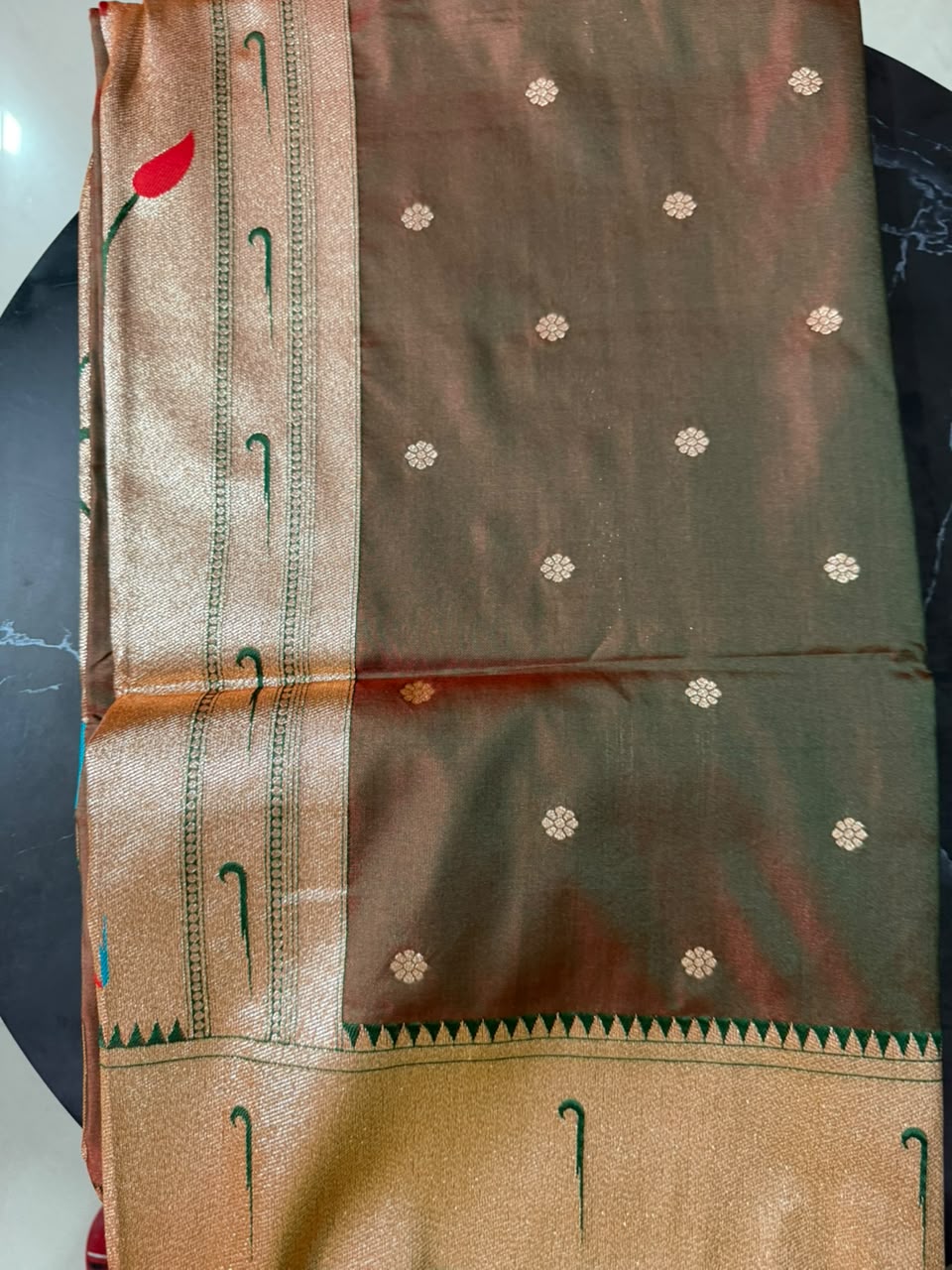 Designer Brocade All-Over Semi Silk Paithani Saree -flower buttas -Brown