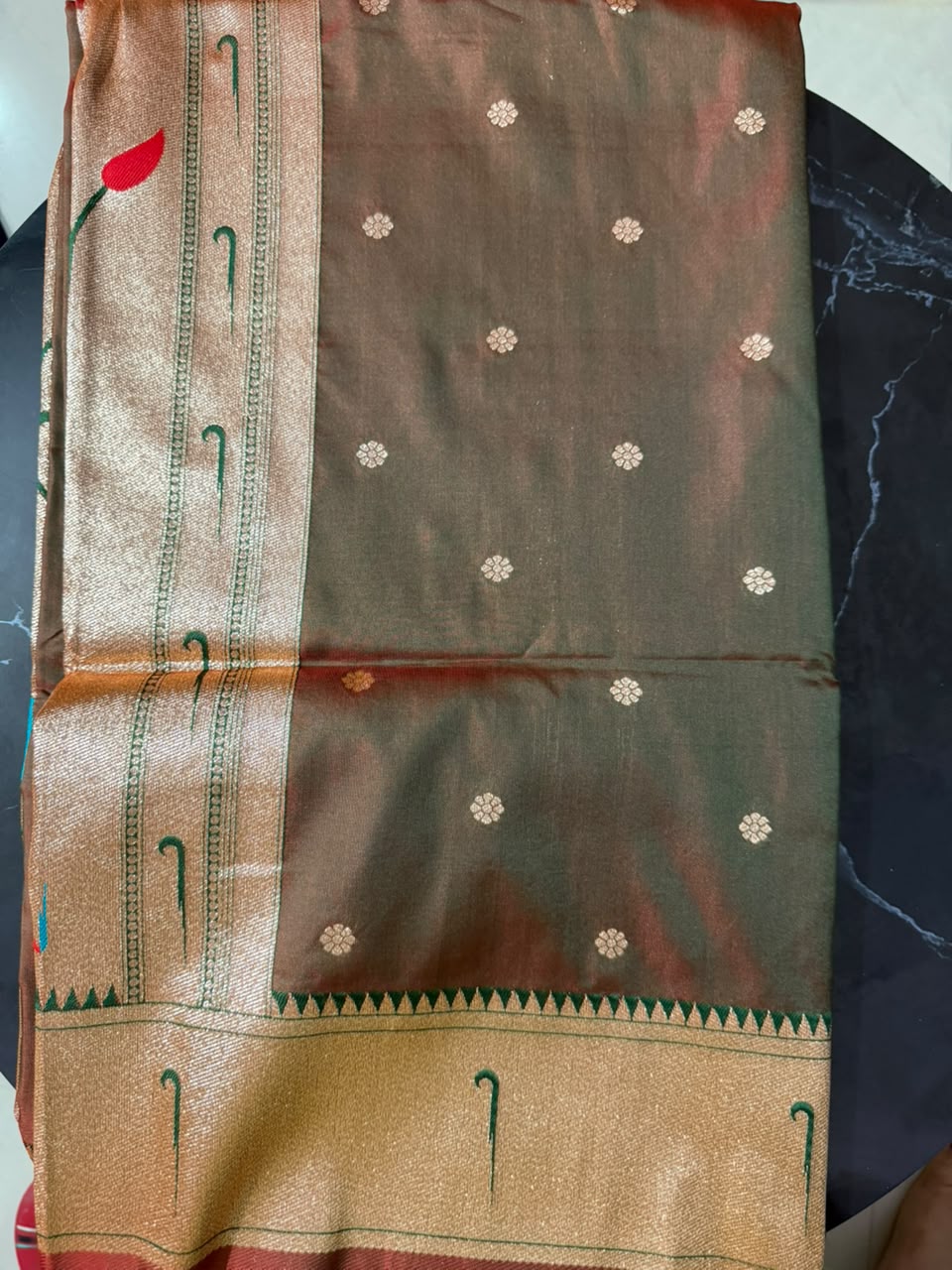 Designer Brocade All-Over Semi Silk Paithani Saree -flower buttas -Brown