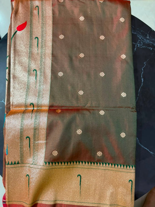 Designer Brocade All-Over Semi Silk Paithani Saree -flower buttas -Brown