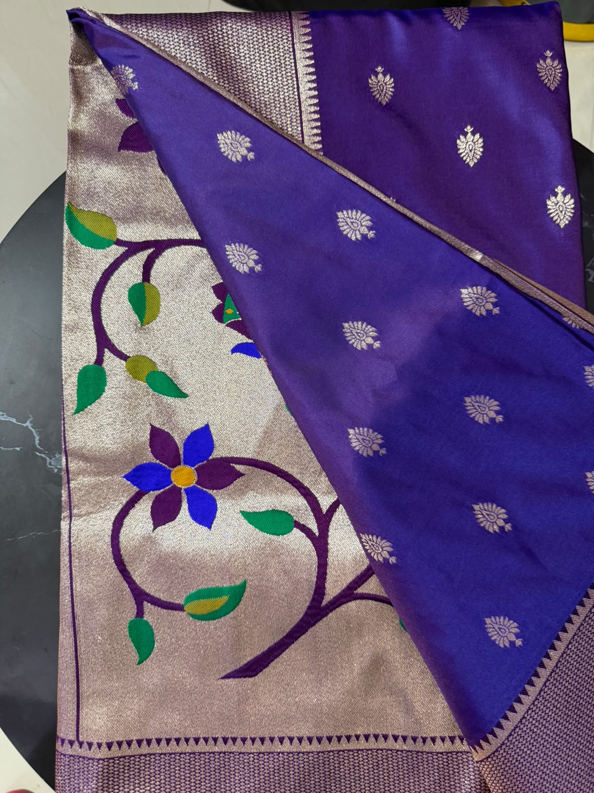 Designer Brocade All-Over Semi Silk Paithani Saree -leaf buttas blue colour very soft