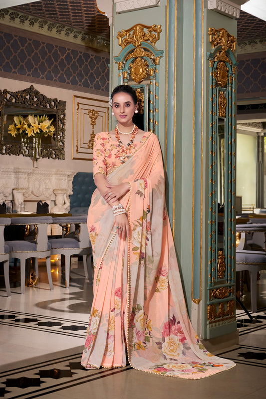 Elegant cream Floral Organza Georgette Saree