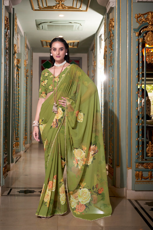 Elegant Light green Floral Organza Georgette Saree