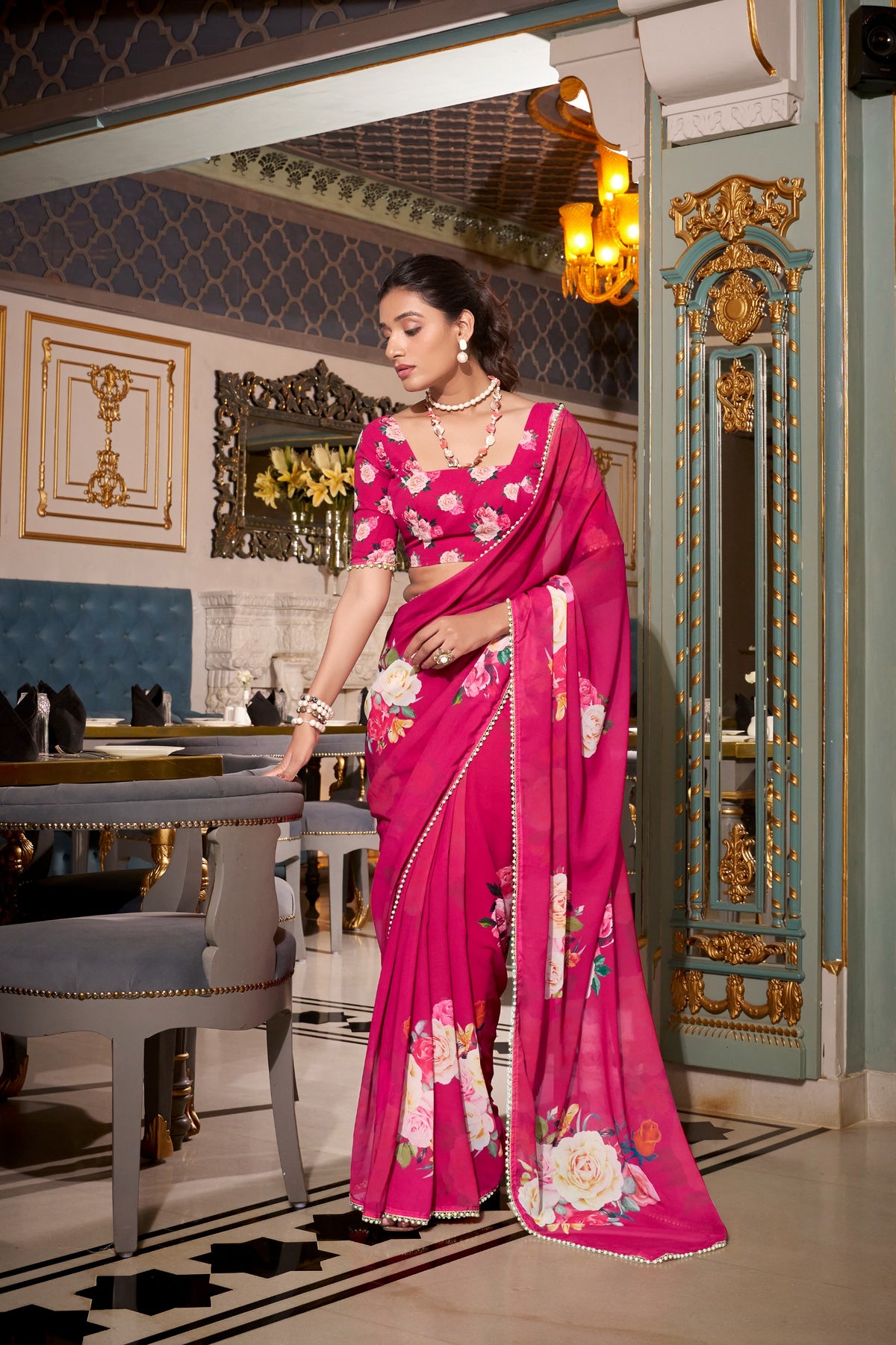 Elegant Pink Floral Organza Georgette Saree