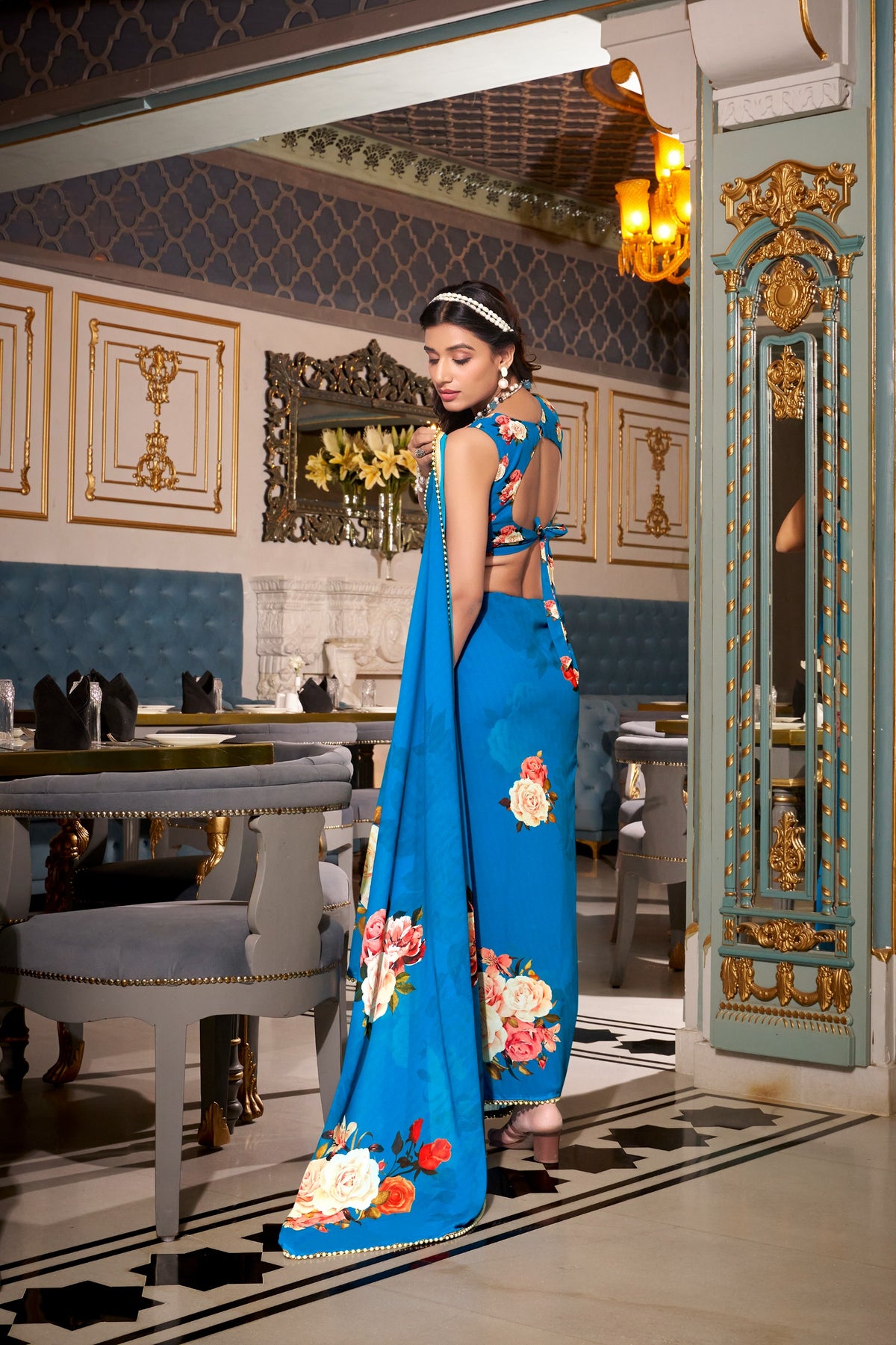 Elegant sky blue Floral Organza Georgette Saree