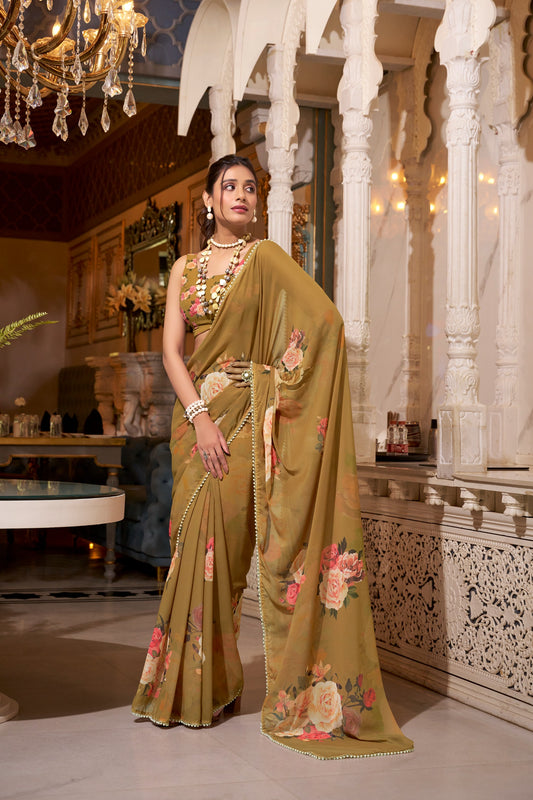 Elegant dark yellow Floral Organza Georgette Saree
