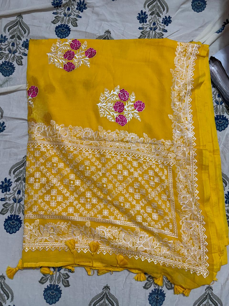 Premium chikankari saree-Yellow with flow design