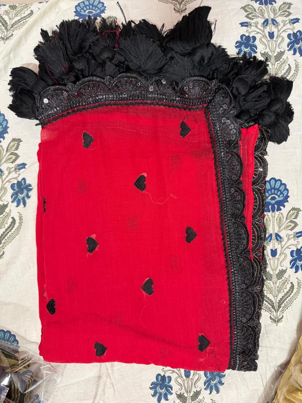 Premium Mul Embroidery work -red