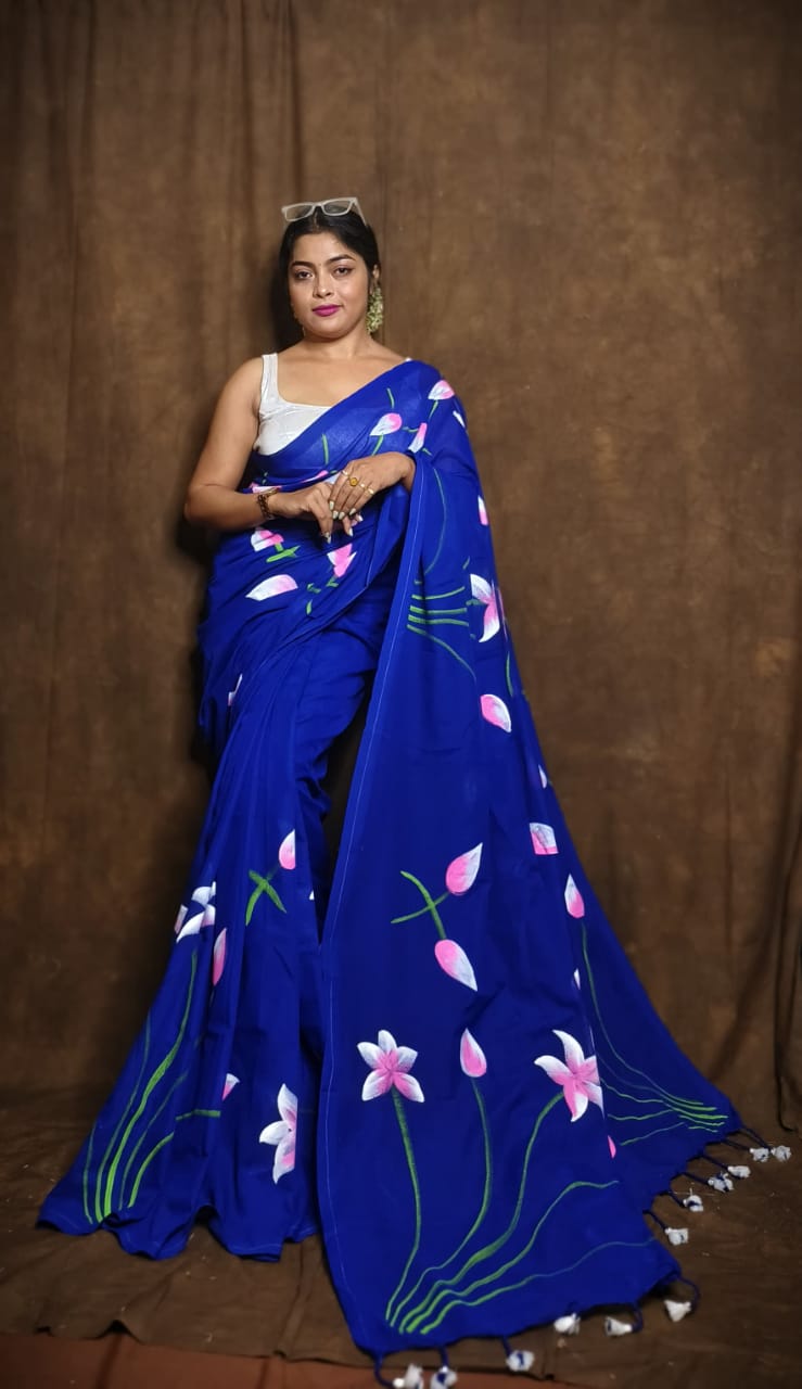 Flower Painted Saree-Royal Blue