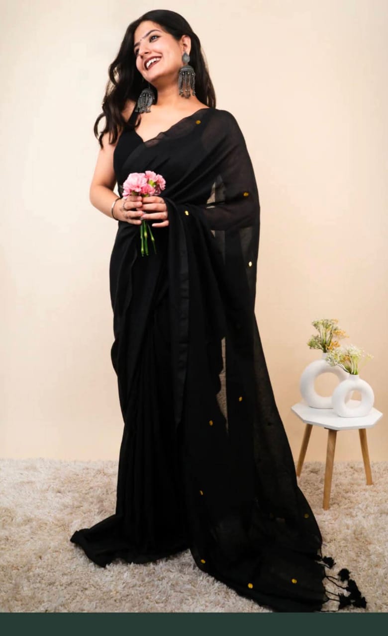 Plain saree with golden buttas - black
