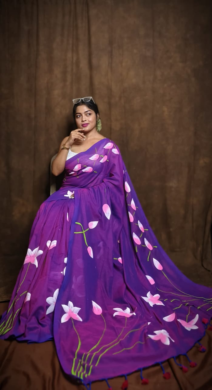 Flower Painted Saree-Purple