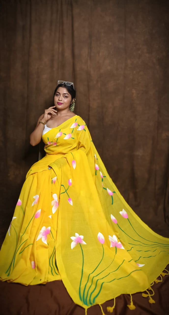 Flower Painted Saree-yellow