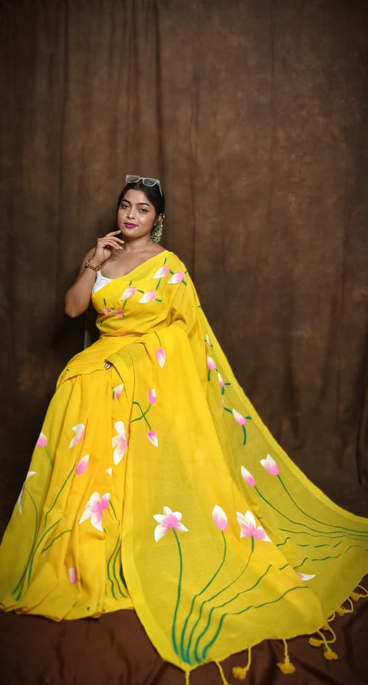 Flower Painted Saree-yellow