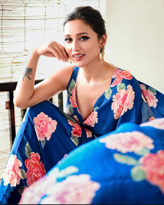 Satin Silk -blue with flower design