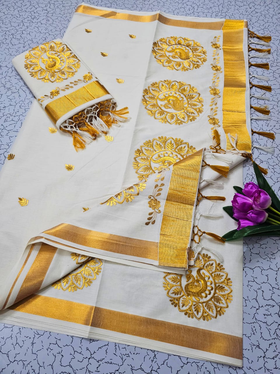 Kerala Cotton saree design- peacock printed with golden boarder with blouse
