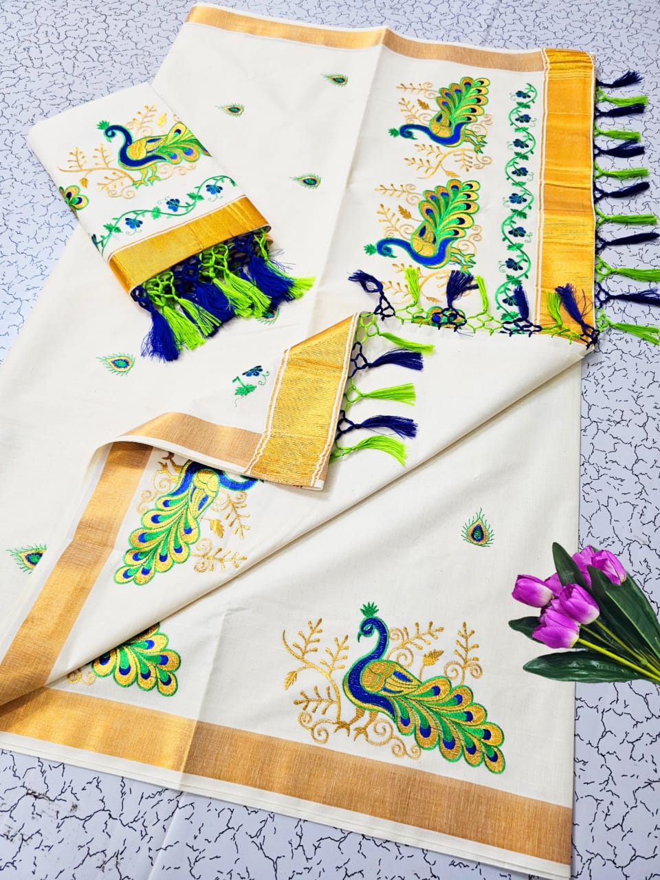 Kerala Cotton with peacock green design