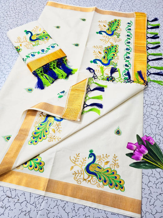 Kerala Cotton with peacock green design