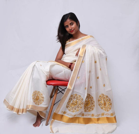 Kerala Cotton saree design- peacock printed with golden boarder with blouse