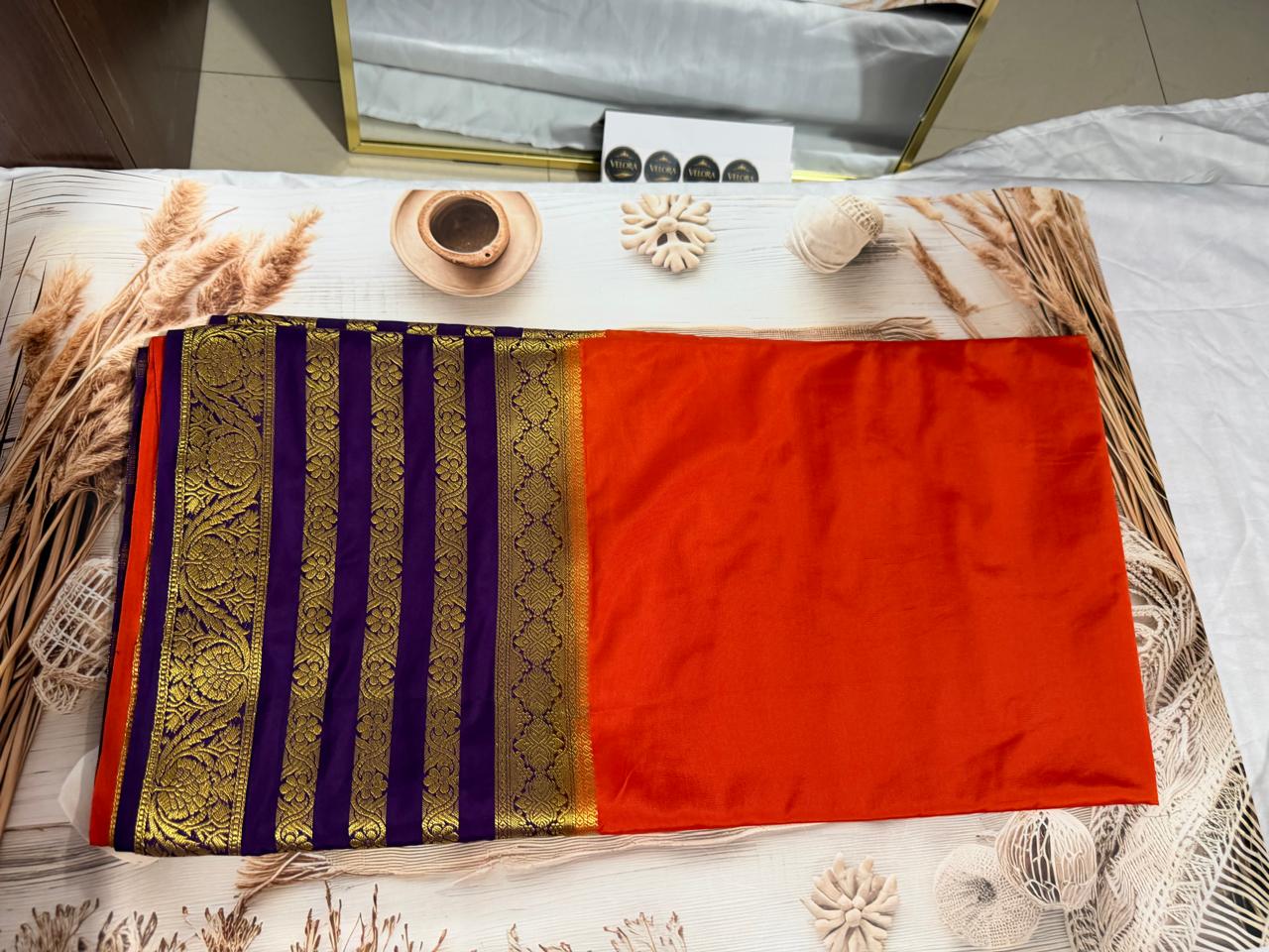 Mysore Crepe silk Saree with Bentex Border -orange