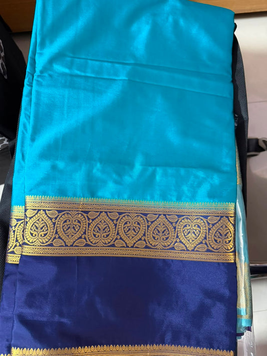 Mysore semi crepe silk saree-3- with  Bendex Boarder-sky blue golden zari boader