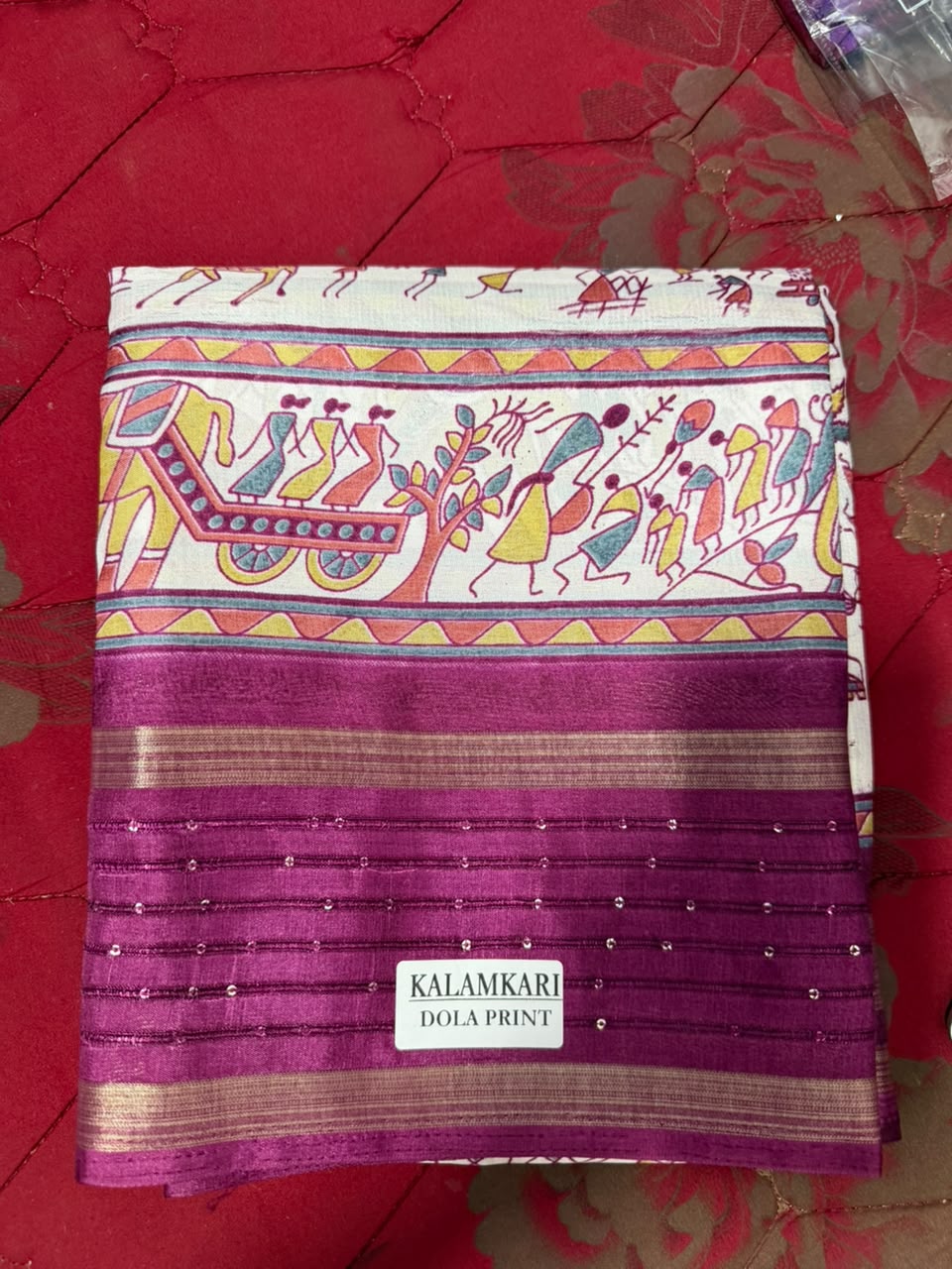 Kalamkari Dola Print saree -4-Double boarder - Pink