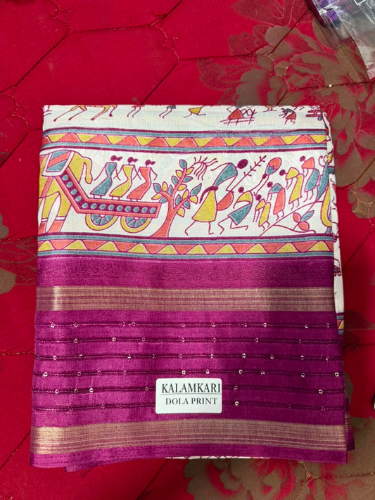 Kalamkari Dola Print saree -4-Double boarder - Pink