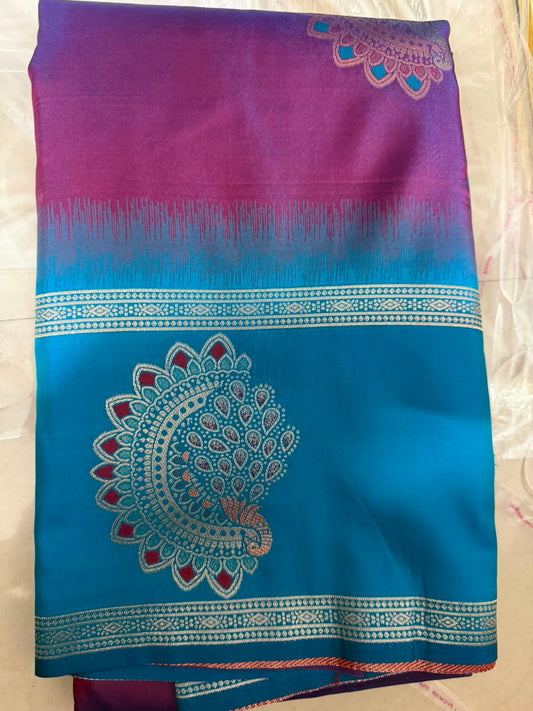 Viscose soft Silk Saree for Women- very rich boarder purple saree with blue boarder