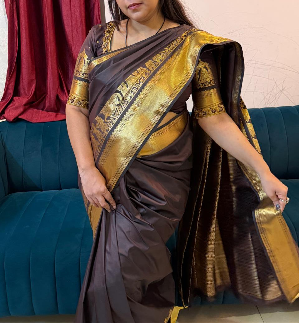 Kanchipuram Silk Elegant Brown Soft Silk Saree with Temple Procession Zari Border