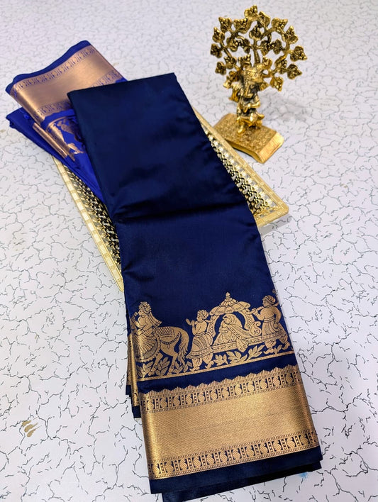 Elegant navy blue Soft Silk Saree with Temple Procession Zari Border