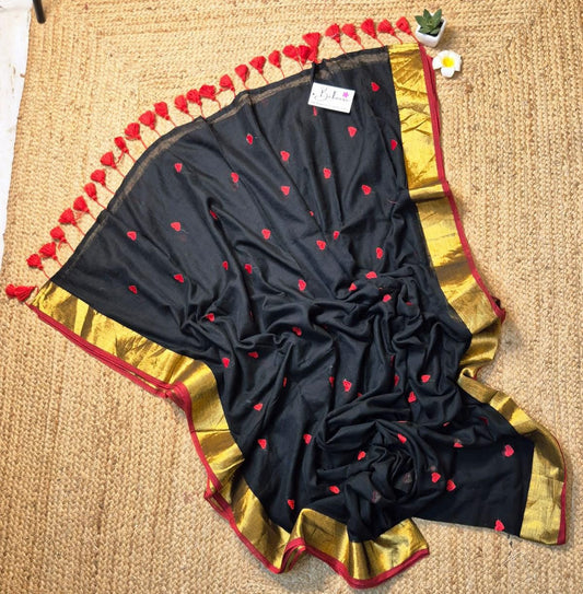 Onam special saree Mulcotton ~ black saree with heart shape Kasav boarder