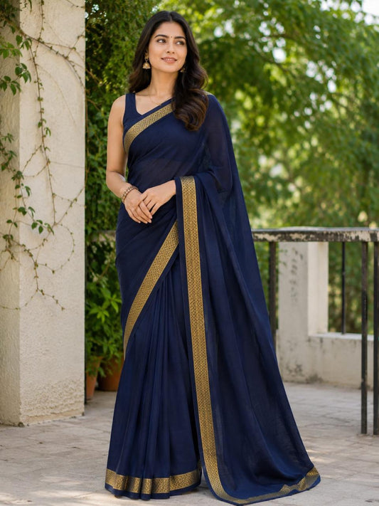 Mysore crep semi -Silk Blend Saree Featuring Rich Traditional Gold Border-  with small boarder