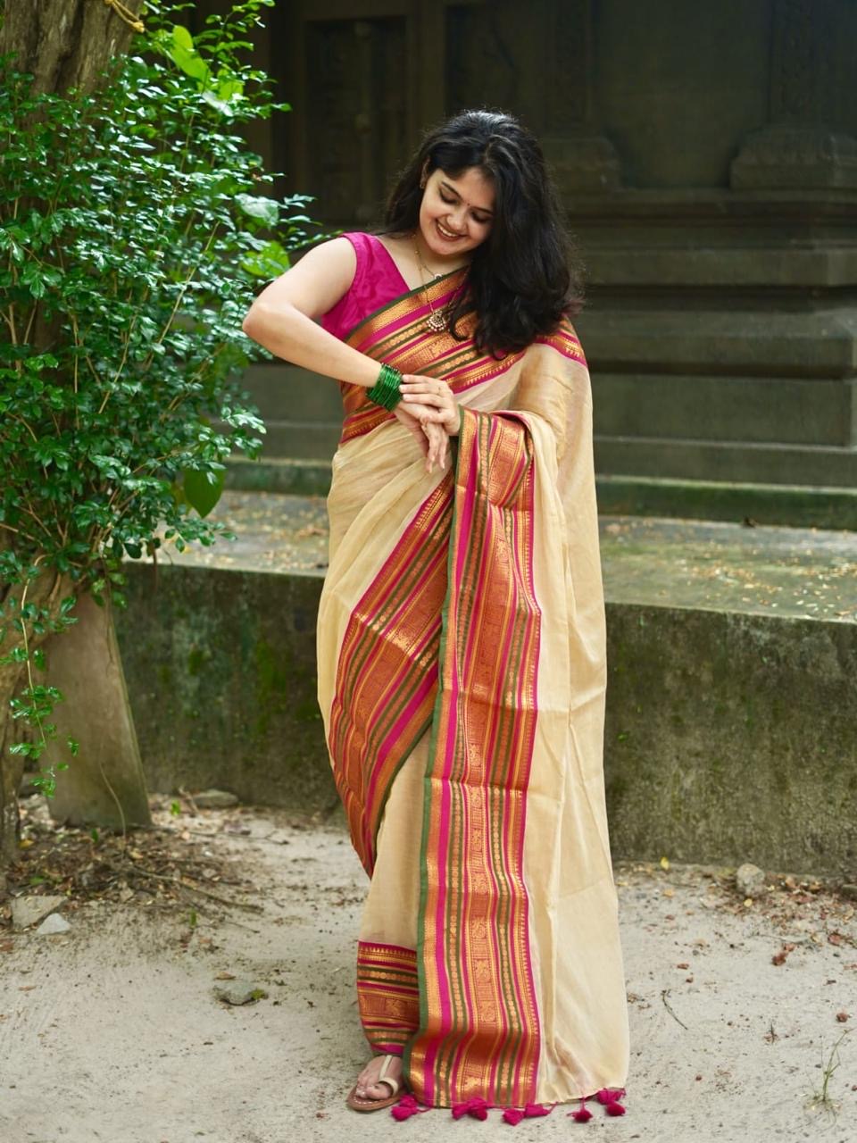 Mul Cotton soft saree - multi colour with strip boarders onam special saree
