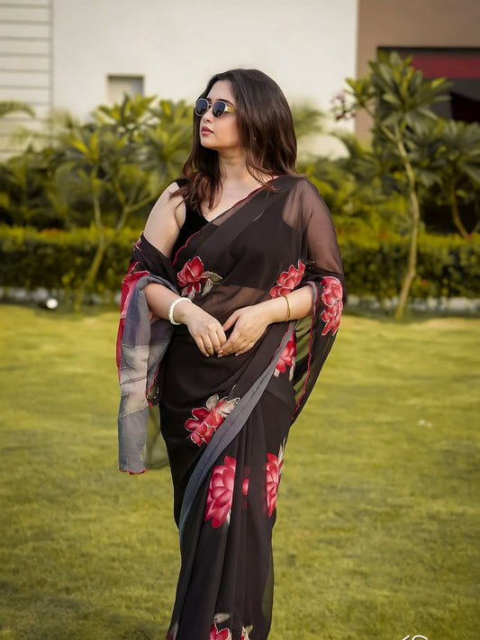 Elegant Black Floral Organza Georgette Saree-Black with flower design
