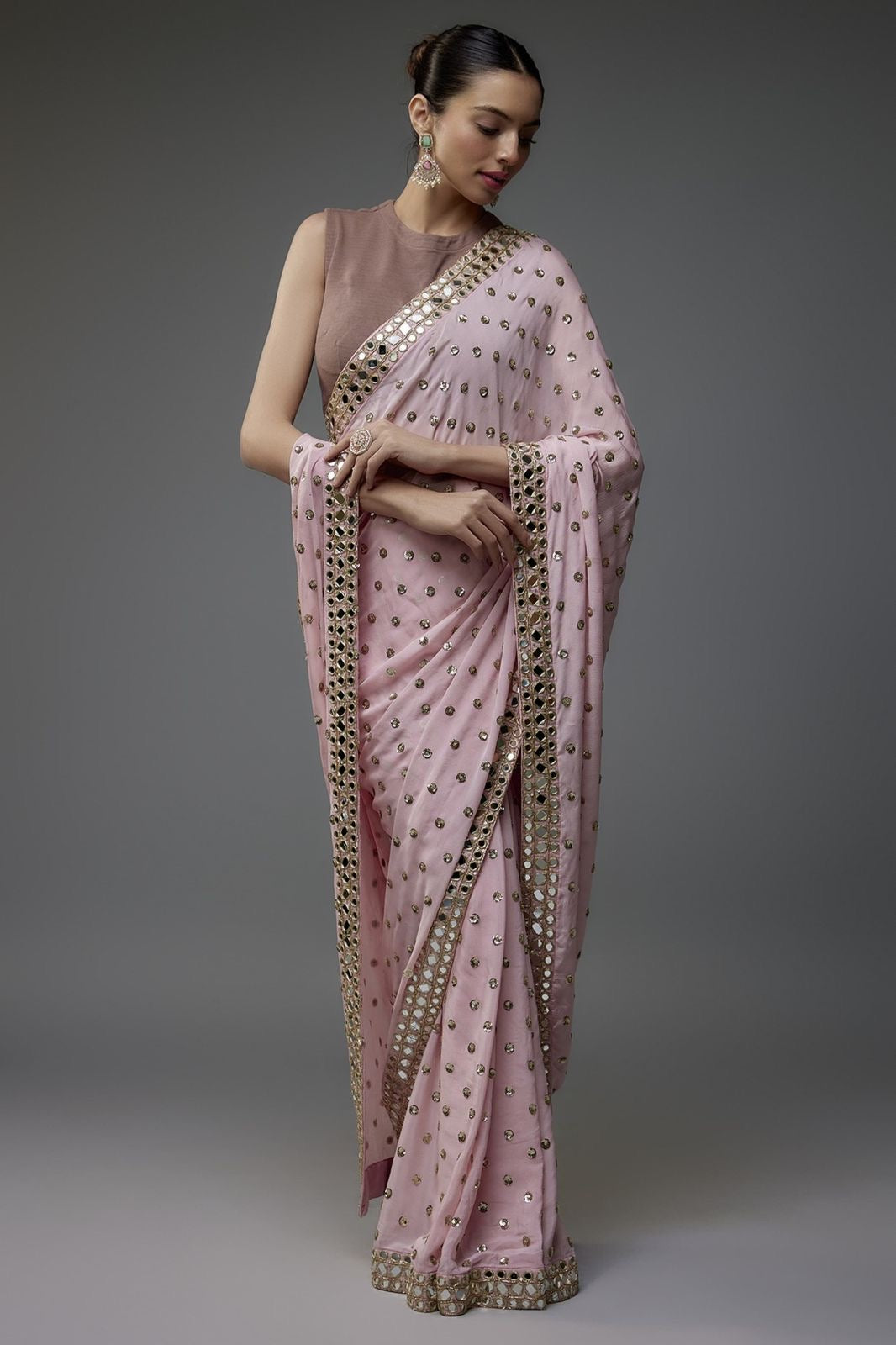 Party wear with mirror work saree light pink colour