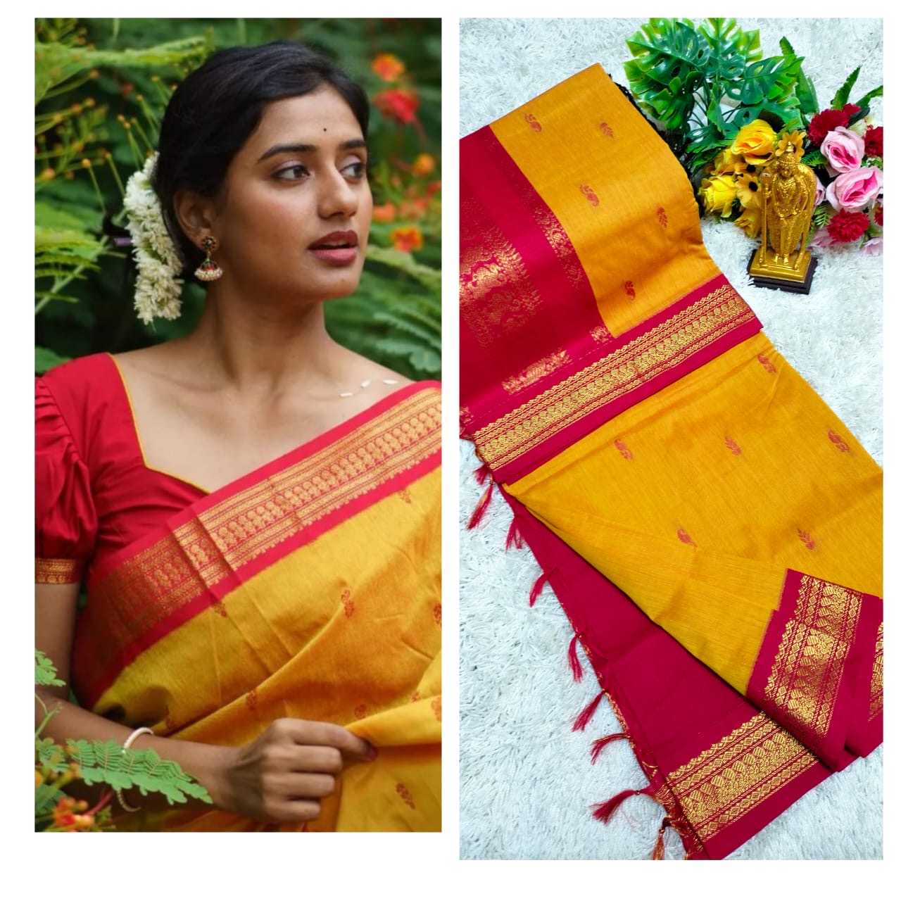 Kalyani cotton saree/Lata Gadwal Paithani -yellow with red boarder