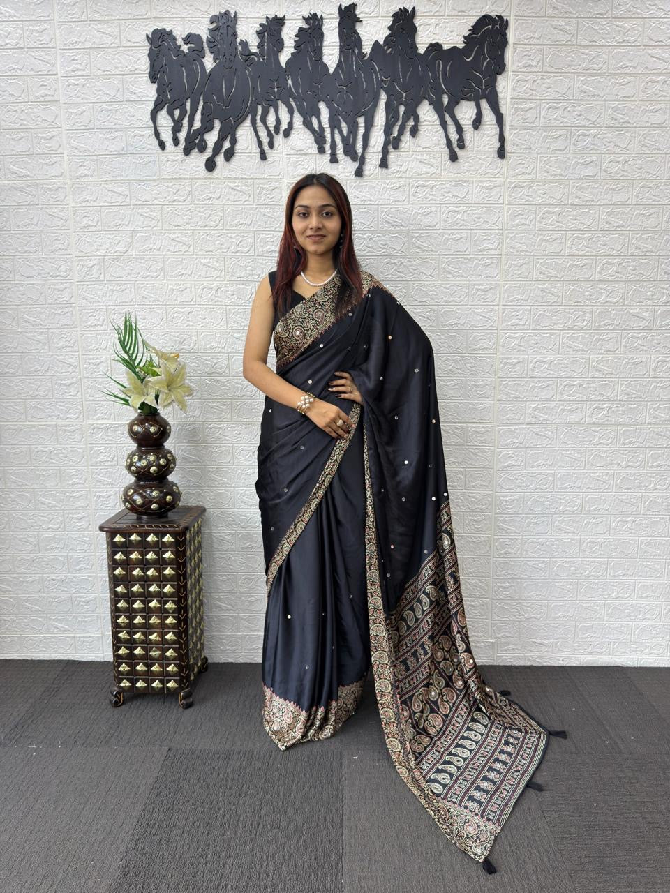 Ajrack model Silk with mirror work- Black boarder with Ajrak design