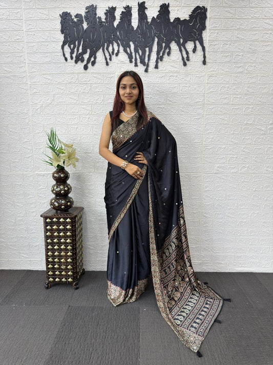 Ajrack model Silk with mirror work- Black boarder with Ajrak design