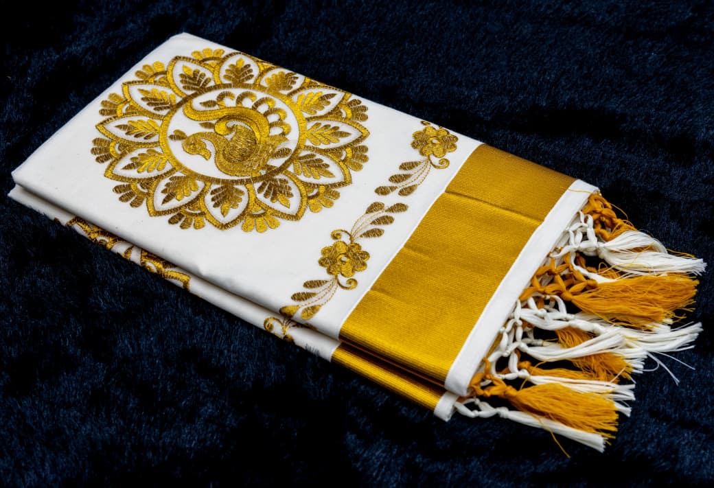 Kerala Cotton saree design- peacock printed with golden boarder with blouse