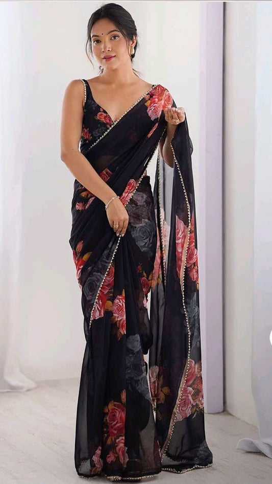 Elegant Black Floral Organza Georgette Saree-Back boarder with pearls
