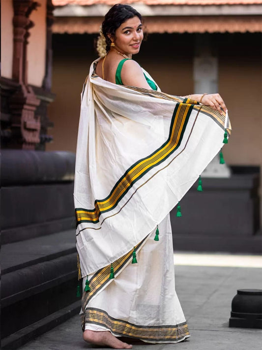 Kerala Cotton with green Kasav boader