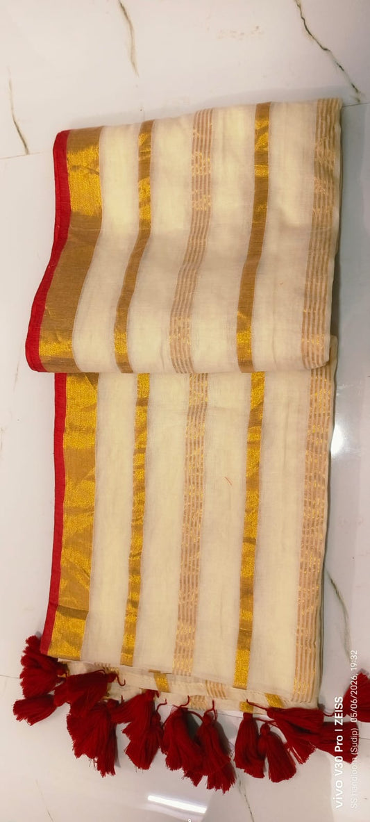 Onam special saree Mulcotton ~red strips saree