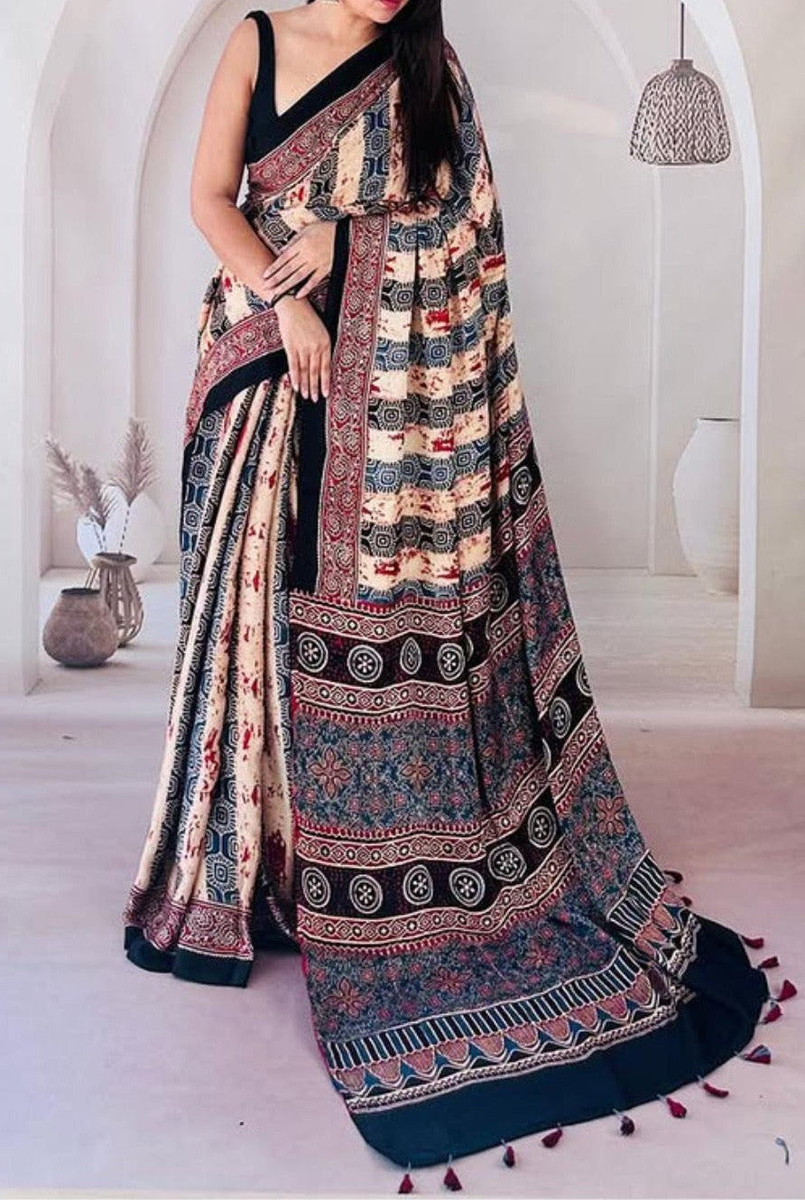 Modal silk-print saree -cream