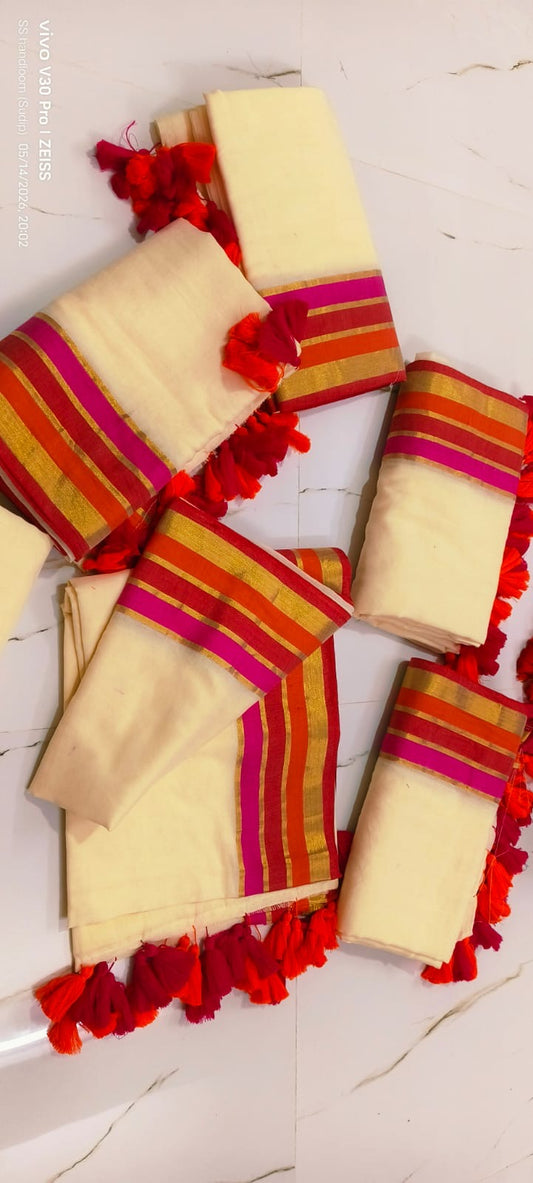 Onam special saree Mulcotton ~red saree with heart shape Kasav boarder (Copy) (Copy)