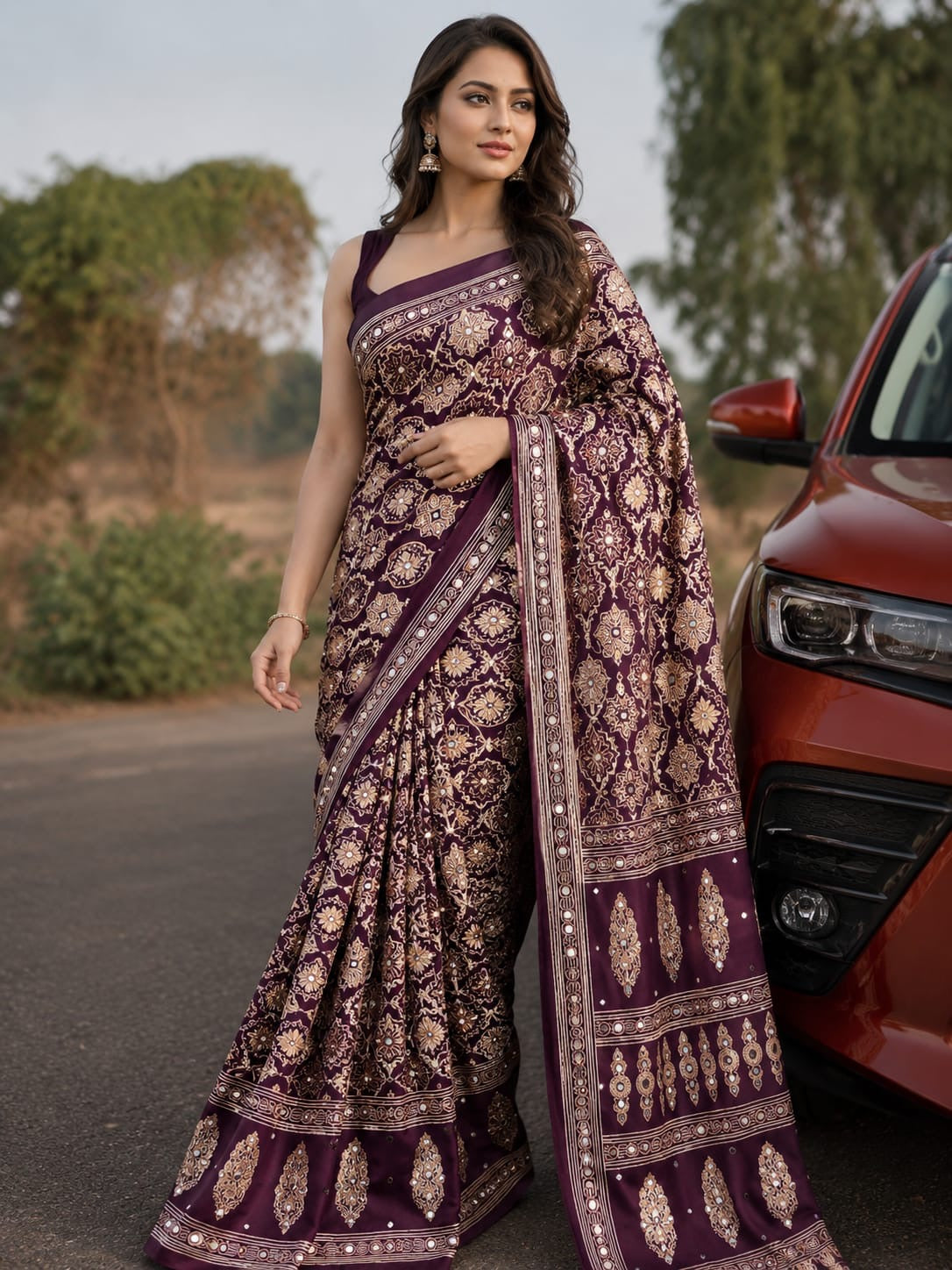 Ajrack model Silk with mirror work -maroon