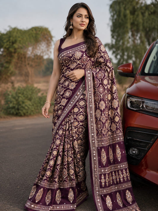 Ajrack model Silk with mirror work -maroon