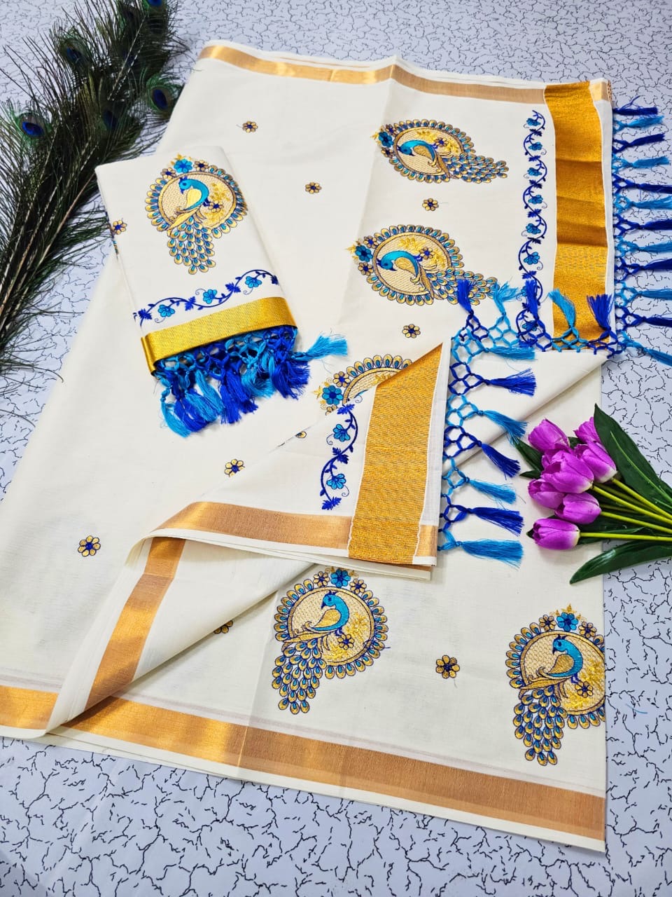 Kerala Cotton with peacock design peacock blue