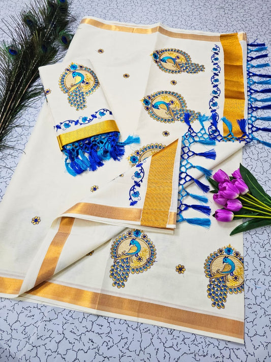 Kerala Cotton with peacock design peacock blue