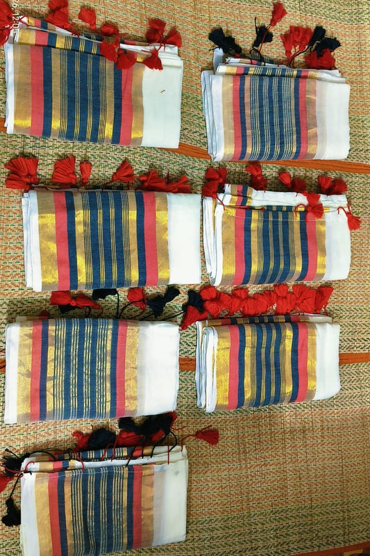 Onam special saree Mulcotton ~ saree  black n red strips boarder