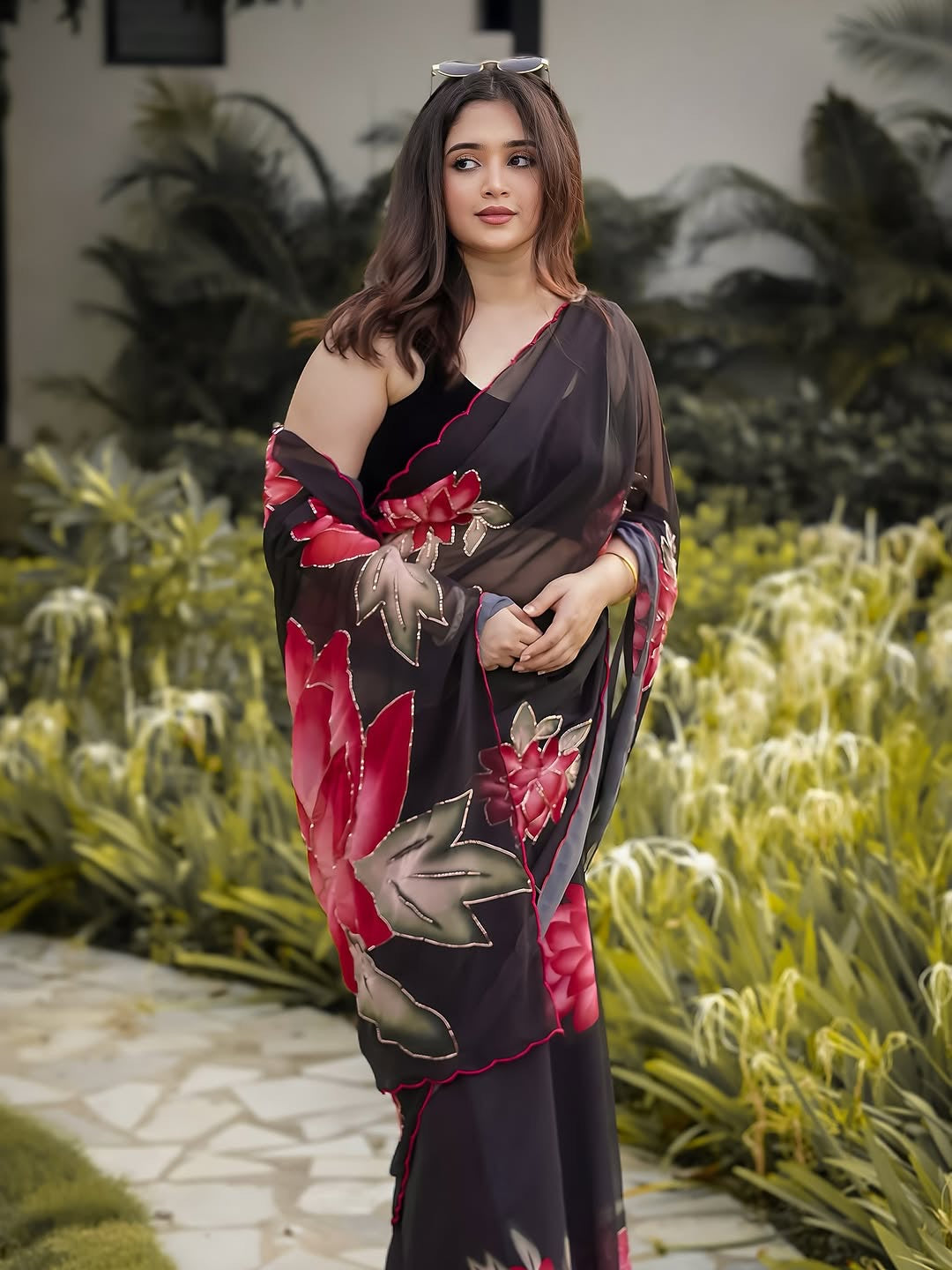 Elegant Black Floral Organza Georgette Saree-Black with flower design