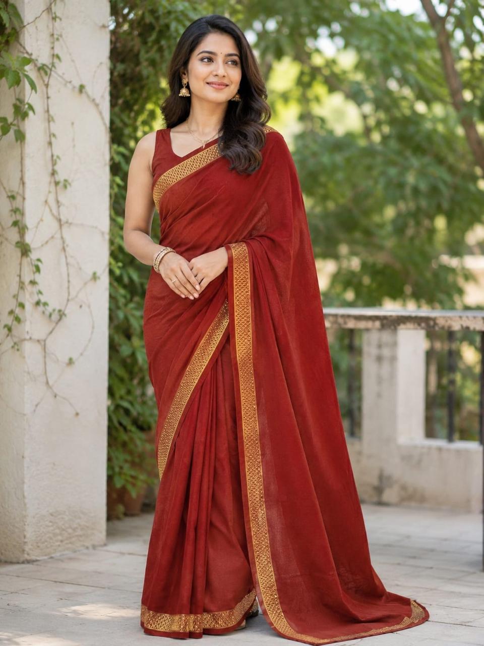 Mysore crep semi -Silk Blend Saree Featuring Rich Traditional Gold Border-  with small boarder