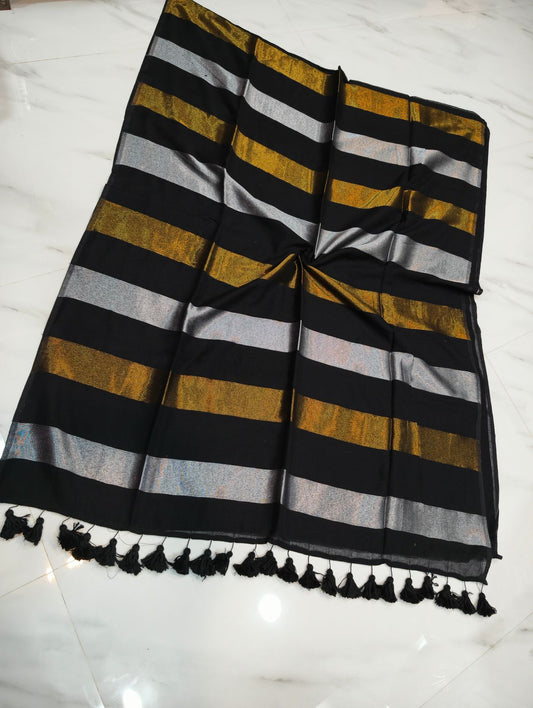 Onam special saree Mulcotton ~black strips saree
